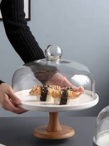 陶瓷木底高脚旋转蛋糕盘玻璃罩盖蛋糕托盘欧水果盘带盖蛋糕架甜品