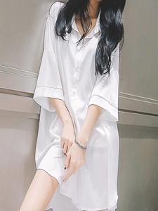 白色衬衫冰丝睡衣女春秋2023年新款宽松雪纺衬衣长裙丝绸睡裙女夏