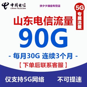 山东电信流量充值90G包5G网络专用每月到账30G连续三个月到账