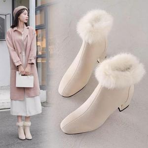兔毛棉鞋2024冬季新款时尚粗跟靴子女韩版网红百搭短靴加绒棉靴子