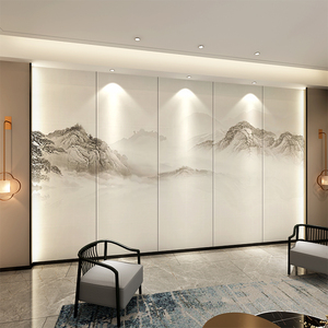 新中式意境山水硬包客厅沙发影视墙软包卧室床头刺绣酒店包厢硬包