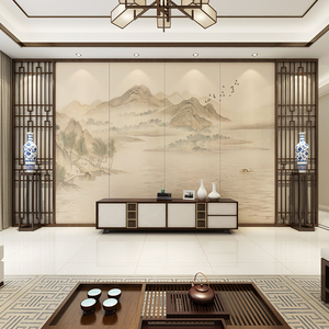 中式古风山水画硬包客厅书房茶室刺绣背景墙新款酒店卧室床头软包