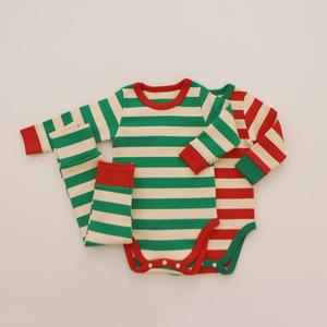 巴拉巴柆韩国宝宝秋冬衣服婴儿连体衣条纹包屁衣+高腰裤圣诞红色