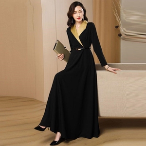 秋季黑色长袖洋装女长版轻奢新款时尚气质拼接韩版高级感长裙子
