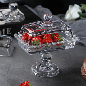 玻璃蛋糕托盘带盖透明水果零食试吃盘创意高脚点心盘展示玻璃罩