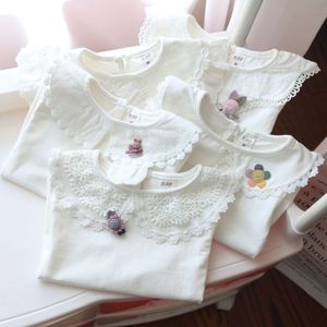 韩系春季新款白色翻领儿童针织打底衫女童娃娃领花边外穿宝宝长袖