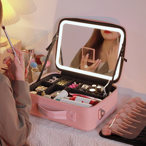 日本MUJIE带LED灯带镜子化妆包女2024新款便携大容量跟妆师化妆箱