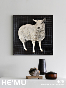 后代羊印绵挂象派写实动物饰画客厅玄关黑白艺术简约现手装绘油画