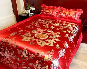 大红色结婚龙凤百子图四件套杭州丝绸缎被套全棉床单枕套婚庆床品