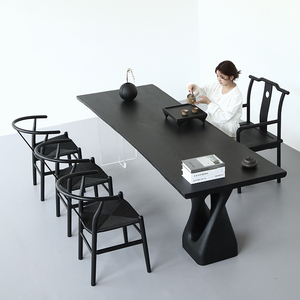 侘寂风茶桌碳化实木大板桌白蜡木茶台新中式客厅书桌一体会客桌椅