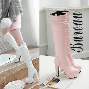 粉色高跟女高筒靴子秋单靴防水台圆头套脚瘦腿加厚白色长筒棉靴冬