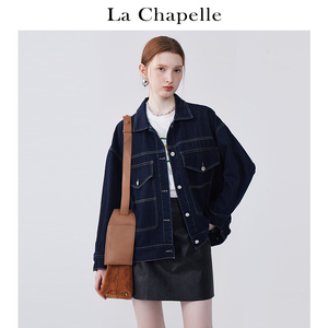 拉夏贝尔/La Chapelle蓝色翻领明线口袋后字母印花牛仔衬衫女冬季