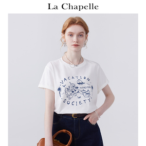 拉夏贝尔/La Chapelle圆领印花图案卷边短袖T恤女白色纯棉上衣夏