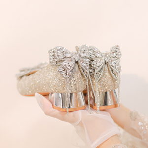 星期六官方旗舰店女鞋粗跟婚鞋中跟水晶新娘鞋舒适蝴蝶结高跟鞋