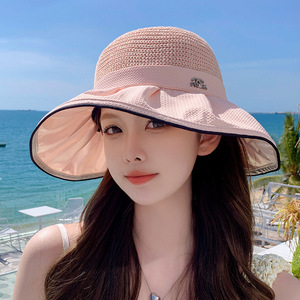 新款渔夫帽子女韩版时尚防紫外线大檐遮脸太阳帽针织透气盆帽海滩