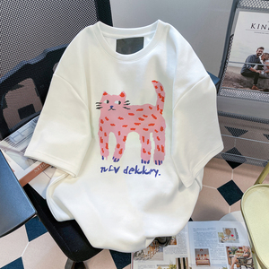甜美日系减龄猫咪印花短袖T恤女夏季韩版宽松休闲纯棉半截袖上衣