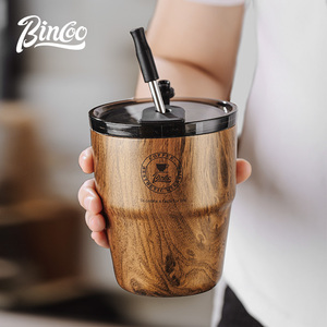 Bincoo陶瓷木纹咖啡杯子不锈钢便携美式保温随手杯高级感外带水杯