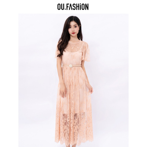 OU.FASHION/欧点重工蕾丝连衣裙浪漫仙女茶歇中长裙子6122320322