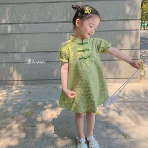 女童旗袍夏季中国风2024新款儿童绿色格子连衣裙宝宝夏装裙子薄款