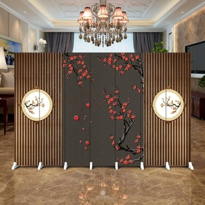 新中式屏风隔断花鸟客厅酒店大堂家用卧室暗色可移动折叠木制折屏