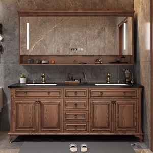岩板新中式美式现代红橡木浴室柜洗手洗脸盆卫生间洗漱台落地双盆