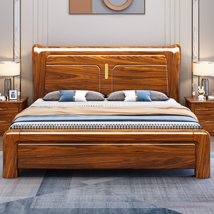 全友家私实木床中式双人床1.8米乌金木色收纳高箱储物床主卧1.5米