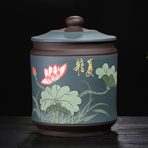 宜兴紫砂茶叶罐陶瓷大号手工中式复古荷花存储普洱茶饼收纳盒米缸