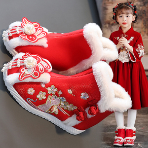 小兔哥马面裙女童鞋冬季2024新款儿童加绒汉服鞋女孩红色棉鞋拜年