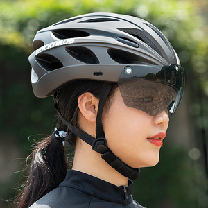 迪卡侬自行车头盔带风镜一体成型骑行头盔男女山地公路车安全帽女