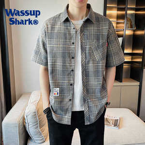 WASSUP SHARK格子短袖休闲潮流衬衫新款宽松百搭休闲长袖衬衣外套