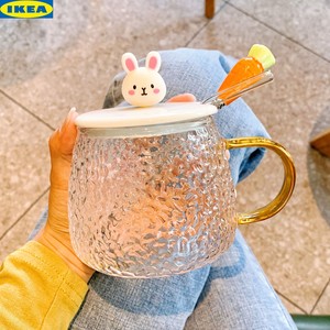 IKEA宜家夏季水杯女高硼硅耐高温玻璃杯子情侣款马克杯带盖勺办公