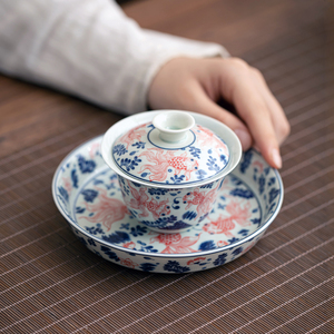 臻仙陶瓷三才青花鱼藻纹盖碗茶杯单个高档可悬停茶碗手工茶具防烫
