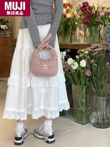 日本进口无印良品春秋蕾丝蛋糕裙白色半身裙女秋冬长裙小个子日系裙子森女系半裙伞