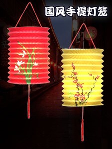 新年春节儿童手提LED发光卡通纸灯笼国风琴花草折叠装饰挂饰燈笼