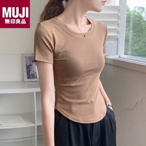 日本无印良品MUJI韩版修身纯色圆领短袖t恤女夏季2024新款不规则弧形打底小衫上衣
