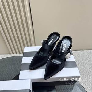 代购Aquazzura 大菠萝23秋冬水晶绑带尖头丝绒黑色穆勒高跟鞋