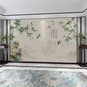 2024新中式水墨竹子贴画客厅电视背景墙壁纸自粘花鸟山水餐厅墙布