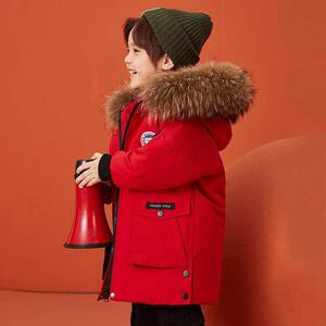 名牌高端品质冬季新款儿童白鸭绒男童中长款保暖大红色羽绒服外套
