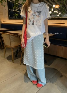DUOMI2024夏季新款韩版卡通印花短袖女小众设计款百搭宽松纯棉T恤