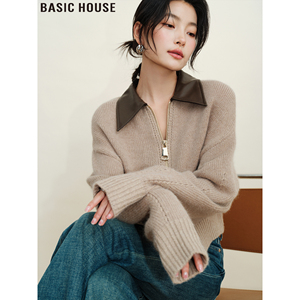 Basic House/百家好韩风欧尼半拉链拼接翻领时髦短款针织衫女早春