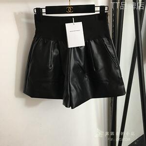 Alexander Wang/亚历山大王 23新款拼接字母短裤女士高腰阔腿皮裤