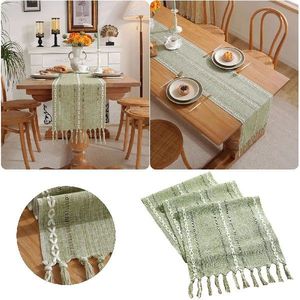 Green Farmhouse Table Runners Handmade Tassel Linen Rustic