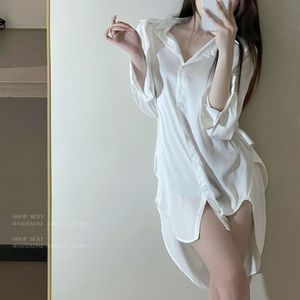 睡裙女夏季薄款纯欲新款大码丝绸雪纺白衬衫睡衣火辣高级感可外穿