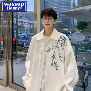 WASSUP HAPPY白色刺绣衬衫男夏季2024新款设计衬衣新中式长袖外套