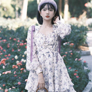 玛克茜妮同款紫玫瑰印花公主裙2024春夏新款甜美少女感蓬蓬连衣裙