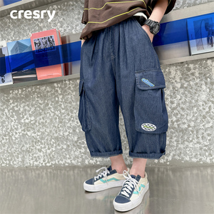 韩国CRESRY童装男童牛仔短裤夏季薄款2024新款儿童洋气工装七分裤