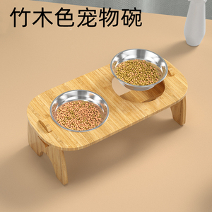 猫碗狗食盆实木陶瓷双碗宠物喂食器饮水机不锈钢碗防打翻猫咪碗架