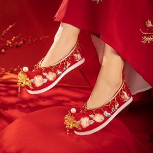 钗头凤棉2022新年款红色婚鞋平跟女式兔年款中式敬酒新娘鞋汉服鞋