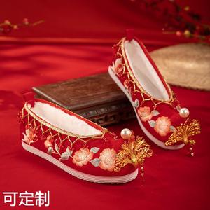 钗头凤棉2022新年款红色婚鞋平跟女式兔年款中式敬酒新娘鞋汉服鞋
