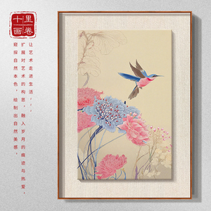 新中式花鸟图手绘油画客厅装饰画喜鹊粉色花卉书房入户门玄关挂画